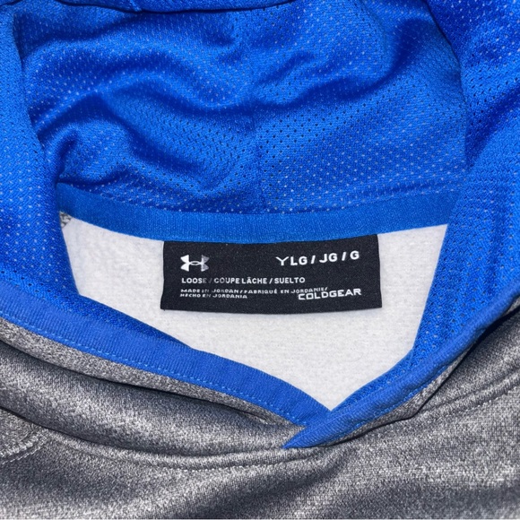 UNDER ARMOUR ColdGear Hoodie Fleece Big Logo Pocket Gray Blue Boy’s Size Youth L - Picture 3 of 8